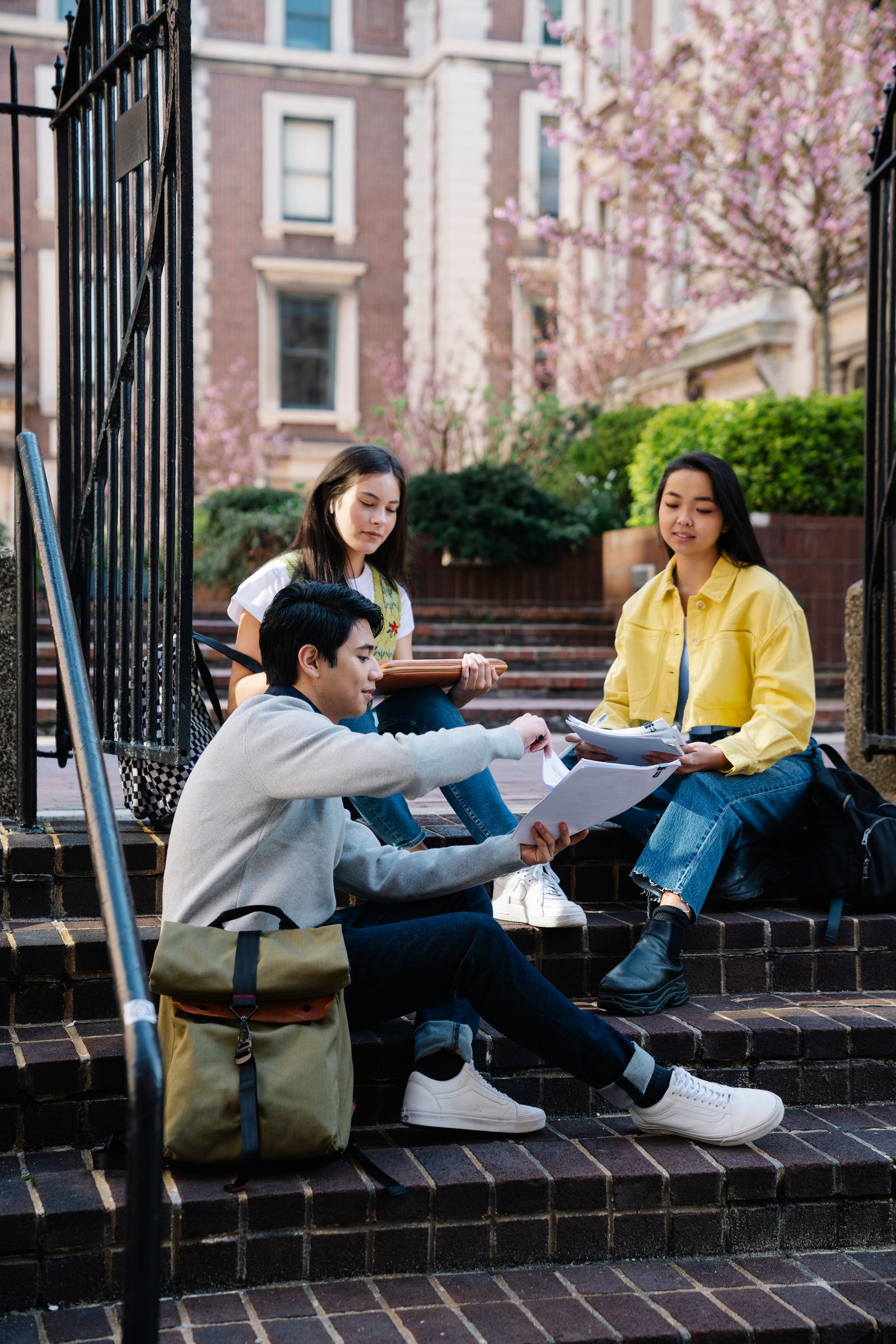 University students studying together on campus steps
