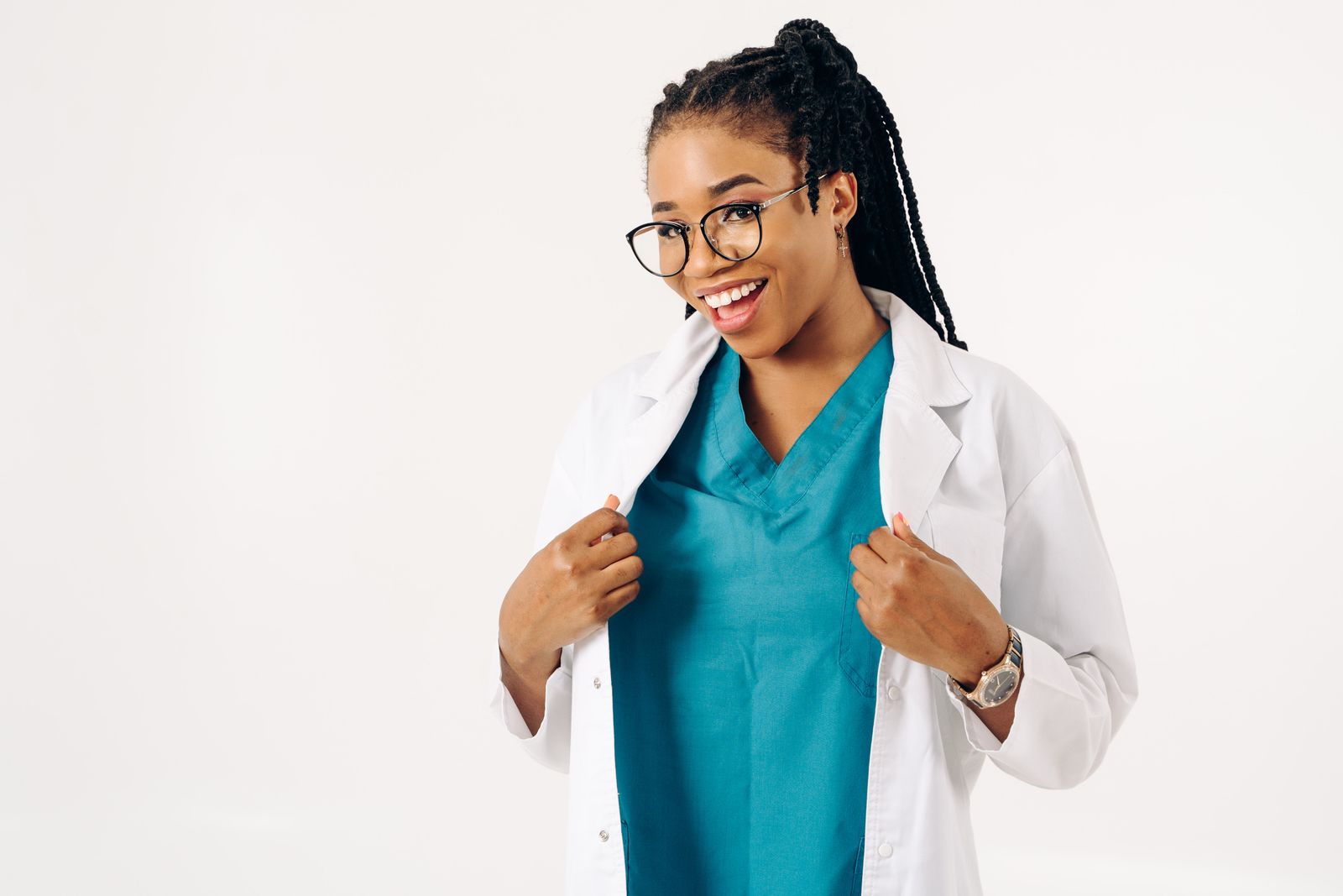 A welcoming healthcare professional in a white coat
