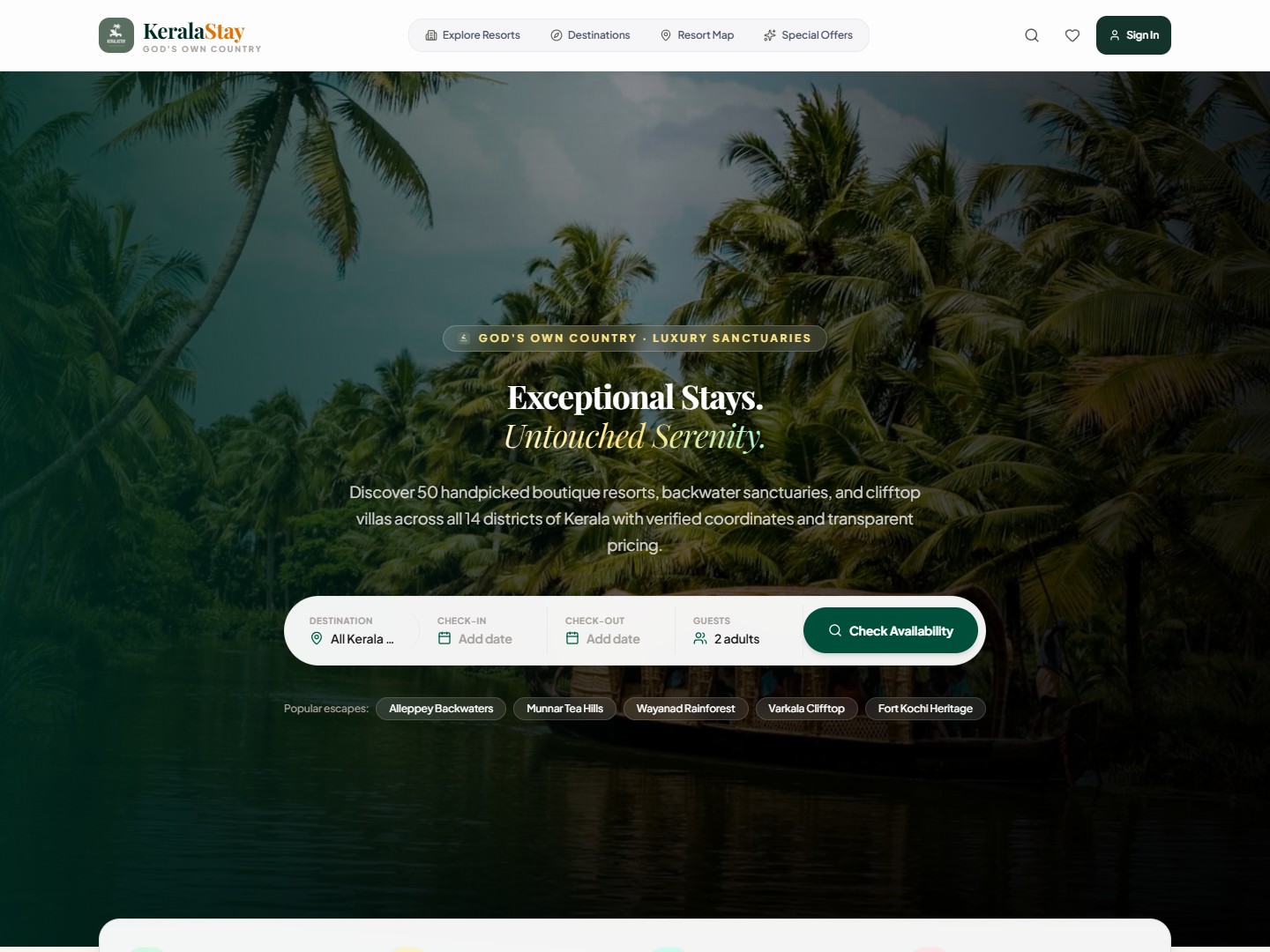 KERALASTAY website preview showing its navigation, hero and visual identity